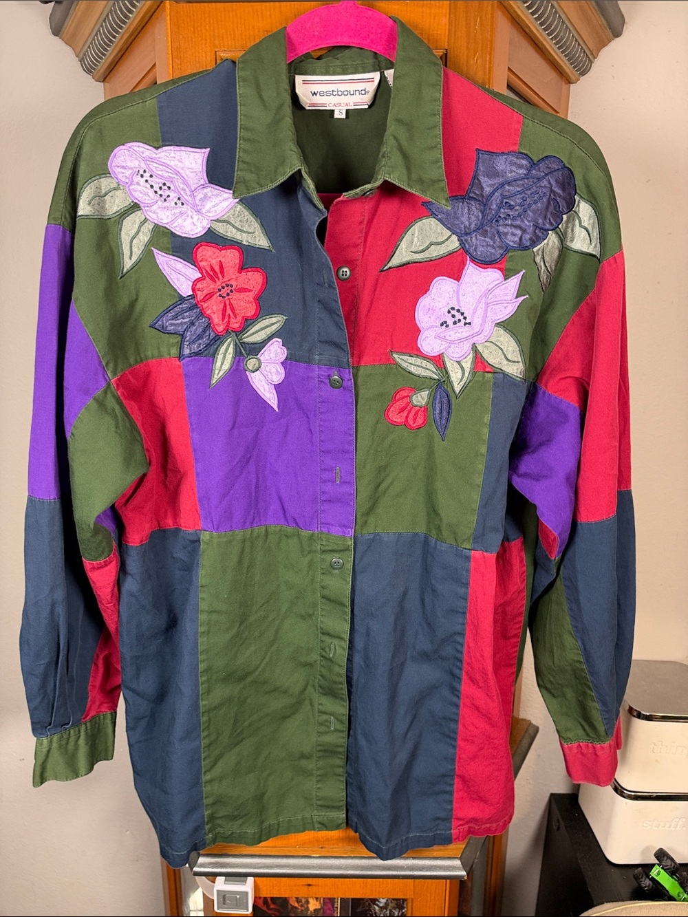 Westbound Patchwork Button-Up Jacket in Olive, Red & Purple